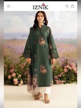 Iznik 3piece lawn outfits with embroidered patches and long silk dopatta